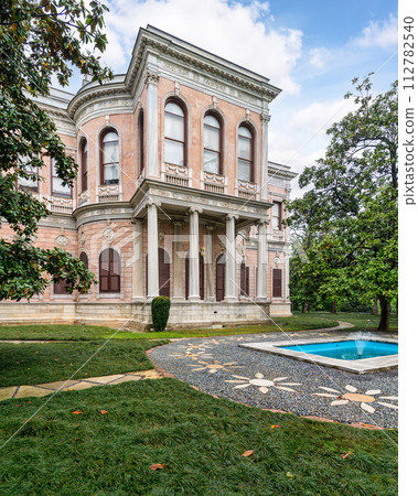 Historic Ottoman 19th century Mecidiye Pavilion, located in Beykoz, Istanbul, Turkey, with a large fountain in front 112782540