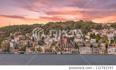 Green mountains of the European side of Bosphorus strait, with docked boats, houses and dense trees in a summer day 112782545