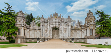 Entrance of Ottoman Dolmabahce Palace, Besiktas district, Istanbul, Turkey. View from the internal court Entrance of Ottoman Dolmabahce Palace, Besiktas district, Istanbul, Turkey. View from the internal court 112782550
