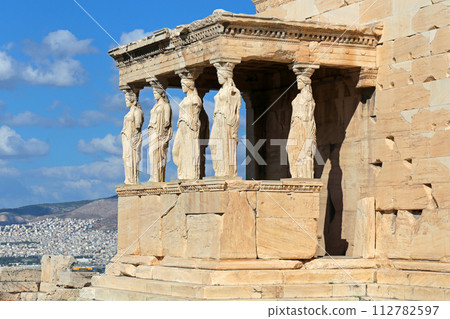 The Temple of Erechtheion's famous porch with 6 caryatids in the Acropolis. The Temple of Erechtheion's famous porch with 6 caryatids in the Acropolis. 112782597