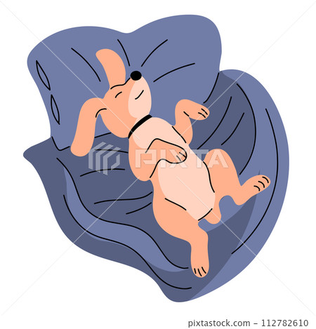 A domestic dog sleeps in a bed on a pillow 112782610