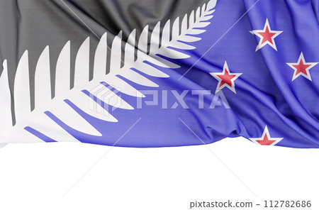 New Zealand Silver Fern Flag isolated on white background with copy space below. 3D rendering 112782686