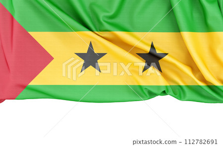 Flag of Sao Tome isolated on white background with copy space below. 3D rendering Flag of Sao Tome isolated on white background with copy space below. 3D rendering 112782691