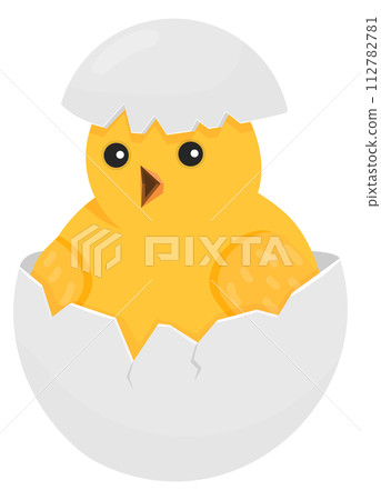 Hatching chick in broken egg. Chicken birth icon Hatching chick in broken egg. Chicken birth icon 112782781