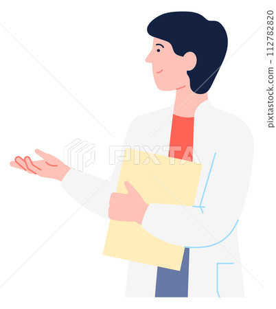 Scientist color character. Man in lab coat hold document Scientist color character. Man in lab coat hold document 112782820