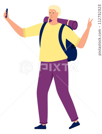 Happy tourist with backpack. Outdoor travel. Vacation trip 112782828