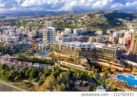 Elevated city view with hotels and residential buildings. Limassol, Cyprus Elevated city view with hotels and residential buildings. Limassol, Cyprus 112782915