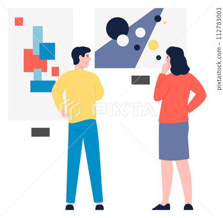 Exhibition visitors discussing contemporary painting in art gallery 112783001