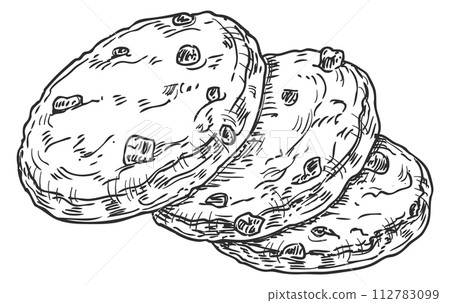 Oatmeal cookies with chocolate chips. Hand drawn pastry 112783099