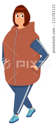 Woman in oversize clothes. Happy chubby female character Woman in oversize clothes. Happy chubby female character 112783122