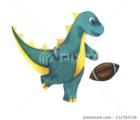 Cute Baby watercolour sport Dinosaur with american football ball. Sports equipment. Hand drawn illustration blue green and yellow isolated on white 112783156