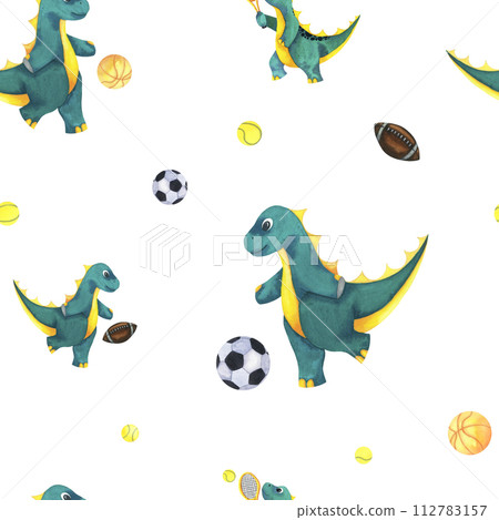 Cute Baby watercolour sport Dinosaur seamless pattern with american football ball, soccer, tennis. Sports equipment. Hand drawn illustration blue green and yellow isolated on white 112783157