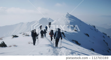 AI-generated content. hiking in winter mountains. People traveling and sport concept and cloudy day 112783169