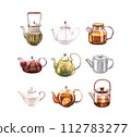 Set different of the teapots of tea, kettle, glass with infuser and with lemon or citrus. Watercolor hand-drawn illustration isolated on white background. Perfect for recipe lists with drinks for cafe 112783277