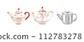 Porcelain ceramic set white teapot with a pattern of roses and gold classic style. Watercolor hand-drawn illustration isolated on white background. Perfect for recipe lists with drinks for cafe 112783278
