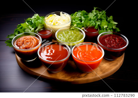 AI-generated content. Assorted sauces in bowls on wooden background. Selective focus 112783290