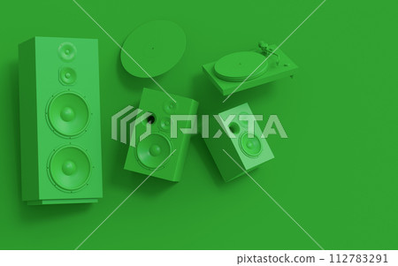 Set of Hi-fi speakers and DJ turntable for sound recording studio on monochrome 112783291