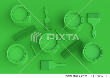 Set of metal and plastic buckets, paint roller and brush on monochrome Set of metal and plastic buckets, paint roller and brush on monochrome 112783293