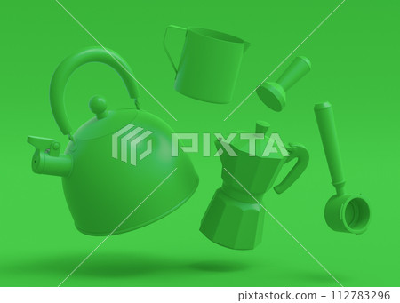 Espresso coffee machine with horn, kettle and geyser coffee maker on monochrome Espresso coffee machine with horn, kettle and geyser coffee maker on monochrome 112783296