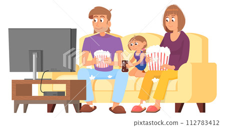 Home movie watching. Family rest on couch together Home movie watching. Family rest on couch together 112783412