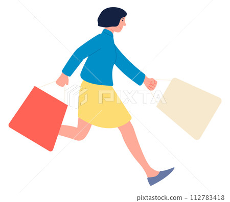 Woman running with shopping bags. Sale shopaholic character 112783418