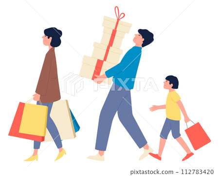 Holiday sale shopping. Parents and son carrying bags and gift boxes Holiday sale shopping. Parents and son carrying bags and gift boxes 112783420