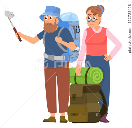 Middle age tourist with travel bags making selfie 112783428