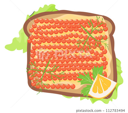 Red caviar sandwich. Tasty breakfast top view Red caviar sandwich. Tasty breakfast top view 112783494