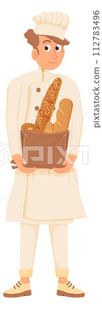 Man hold fresh bread. Cartoon chef character Man hold fresh bread. Cartoon chef character 112783496