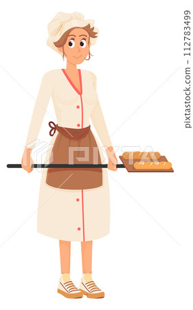 Woman baking bread. Professional chef cartoon character 112783499