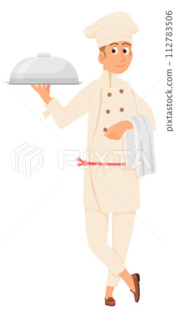Professional restaurant worker with serving tray. Cartoon character Professional restaurant worker with serving tray. Cartoon character 112783506