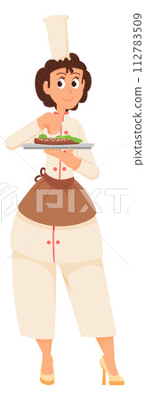 Woman chef seasoning dish. Cartoon cooking character Woman chef seasoning dish. Cartoon cooking character 112783509