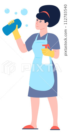 Cleaning lady mascot. Woman housekeeping with spray bottle and washing cloth 112783540