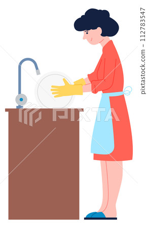 Woman washing dishes. Household activity. Female happy character 112783547