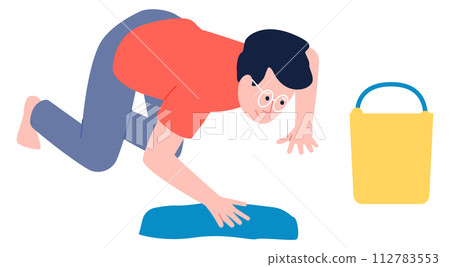 Man cleaning floor with bucket and wet cloth. Housekeeping character Man cleaning floor with bucket and wet cloth. Housekeeping character 112783553