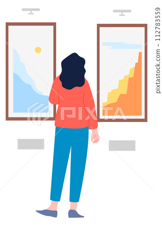 Female visitor at art museum exhibition. Culture tourism Female visitor at art museum exhibition. Culture tourism 112783559