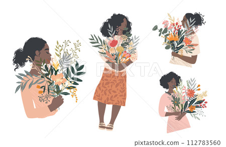 Set of Black Women Enjoying A Bouquet Of Flowers  112783560