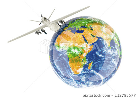 Military drone flying above Earth Globe. 3D rendering 112783577