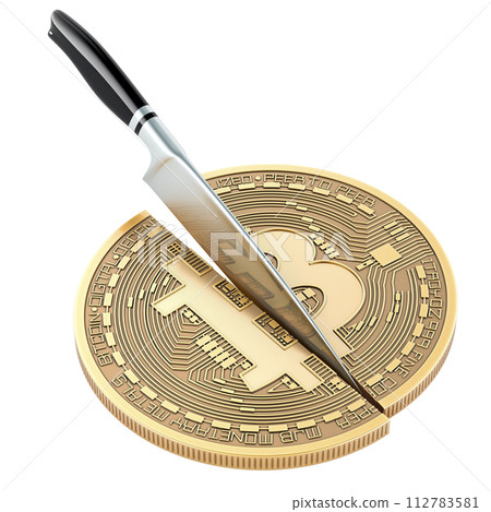 Bitcoin halving, concept. Knife cuts bitcoin in half, 3D rendering 112783581