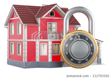 House with dial combination lock. Security and protection, concept. 3D rendering 112783582
