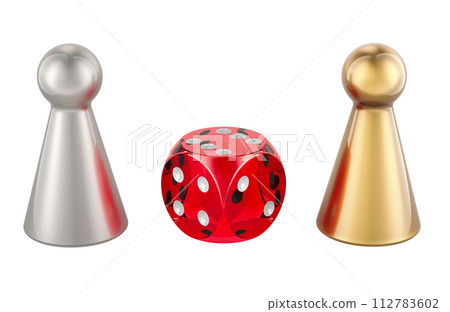 Board game pieces with red dice, 3D rendering Board game pieces with red dice, 3D rendering 112783602