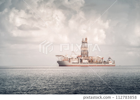Offshore, tug, supply or dredging vessel. Sea coast of Limassol, Cyprus Offshore, tug, supply or dredging vessel. Sea coast of Limassol, Cyprus 112783858