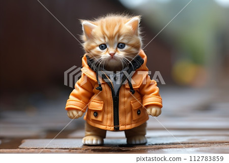 AI-generated content. A small red kitten stands on a wet street in a yellow raincoat. Concept of cats as people AI-generated content. A small red kitten stands on a wet street in a yellow raincoat. Concept of cats as people 112783859