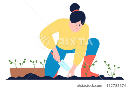 Woman planting seedlings in ground. Spring gardening character Woman planting seedlings in ground. Spring gardening character 112783874
