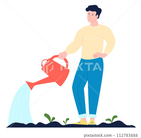 Man watering soil with growing plants. Gardener character 112783888