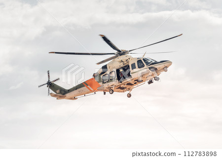 Rescue team with helicopter. Emergency accident service 112783898