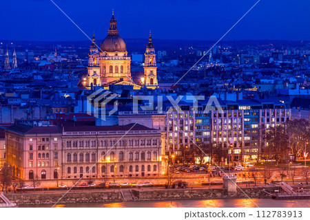 Overview of Budapest with St. Stephen (St. Istvan) Basilica at night. Hungary Overview of Budapest with St. Stephen (St. Istvan) Basilica at night. Hungary 112783913