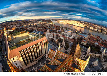 Budapest and the Danube river as seen from Matthias church spire. Budapest, Hungary Budapest and the Danube river as seen from Matthias church spire. Budapest, Hungary 112783930