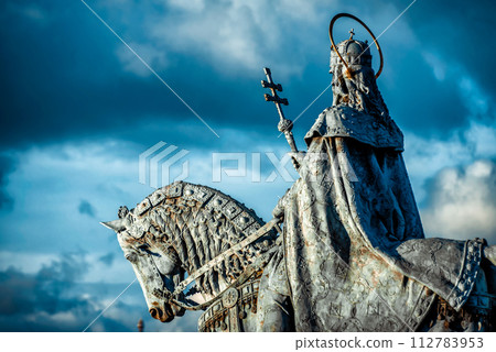 Equestrian statue of King Stephen I (Szent Istvan kiraly) at Fischer Bastion. Budapest, Hungary Equestrian statue of King Stephen I (Szent Istvan kiraly) at Fischer Bastion. Budapest, Hungary 112783953