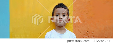 Hispanic child boy 4-6 years old in a white T-shirt without a pattern against the background of a colored wall, banner 112784287